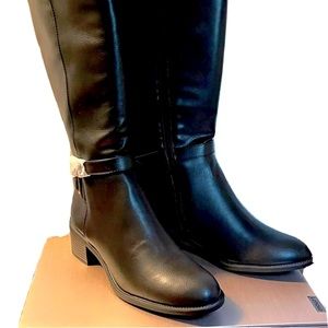 Chaps Black Knee High Zipper Boots with Wrap Strap Buckle/Rhiannan